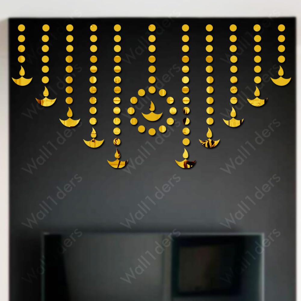 Wall1ders 11 Diya & 100 Dots Mirror Stickers for Wall, Acrylic Mirror Wall Decor Sticker, Wall Mirror Stickers, Acrylic Stickers, Wall Stickers for Hall Room, Bed Room, Kitchen. (Golden)