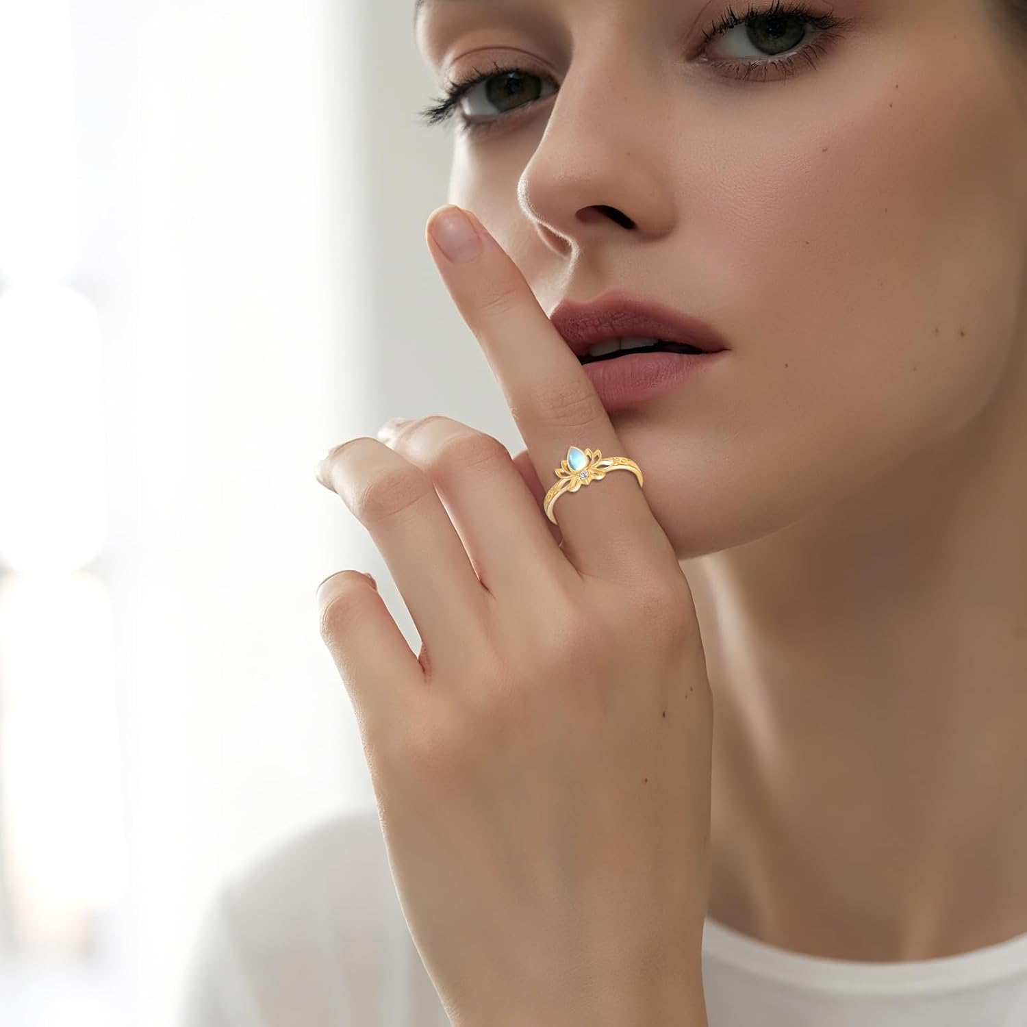 DOVRAN 14K Solid Gold Lotus Ring for Women Real Yellow Gold Lotus Flower Moonstone Ring Flower Jewelry Birthday Gifts for Wife Mom