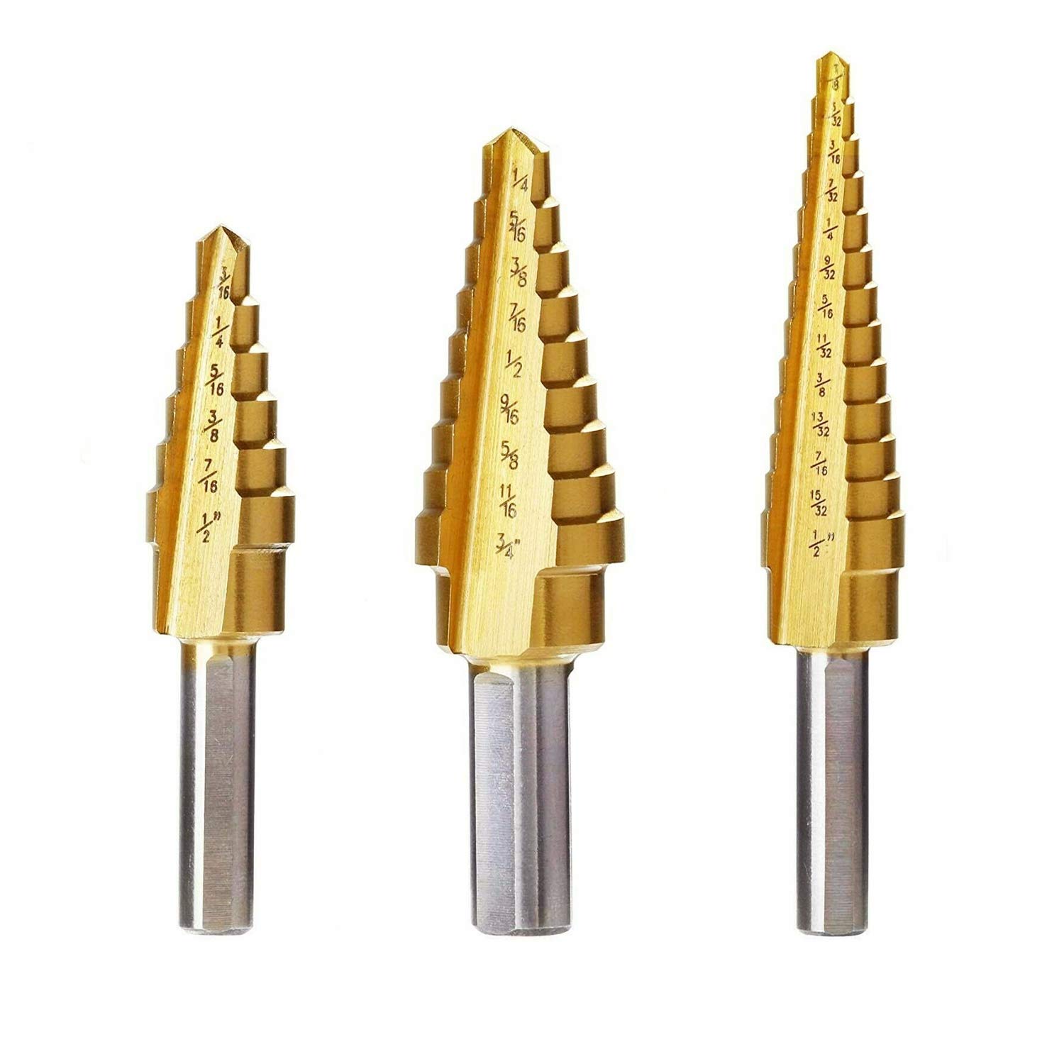Volterin 3 Pcs Step Drill Bit Set | High Speed Steel Titanium Coated Step Bits for Metal, Plastic Wood DIY Woodworking 3/16-1/2inch 6steps, 1/4-3/4inch 9steps, 1/8-1/2inch 13steps
