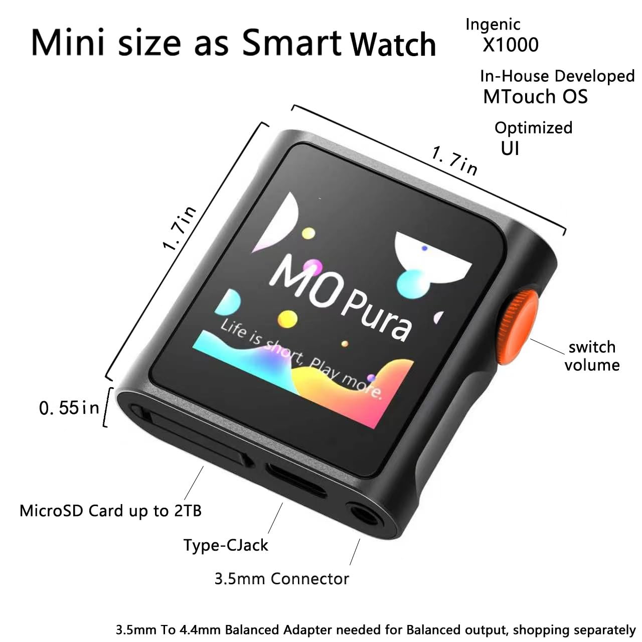 SHANLING M0 Pura - Mini lettore musicale Hi-Fi portatile, touch screen da 1,54 pollici, Bluetooth 5.0, DAC CS43131, uscita da 3,5 mm, uscita simmetrica commutabile, per sport, jogging e allenamento