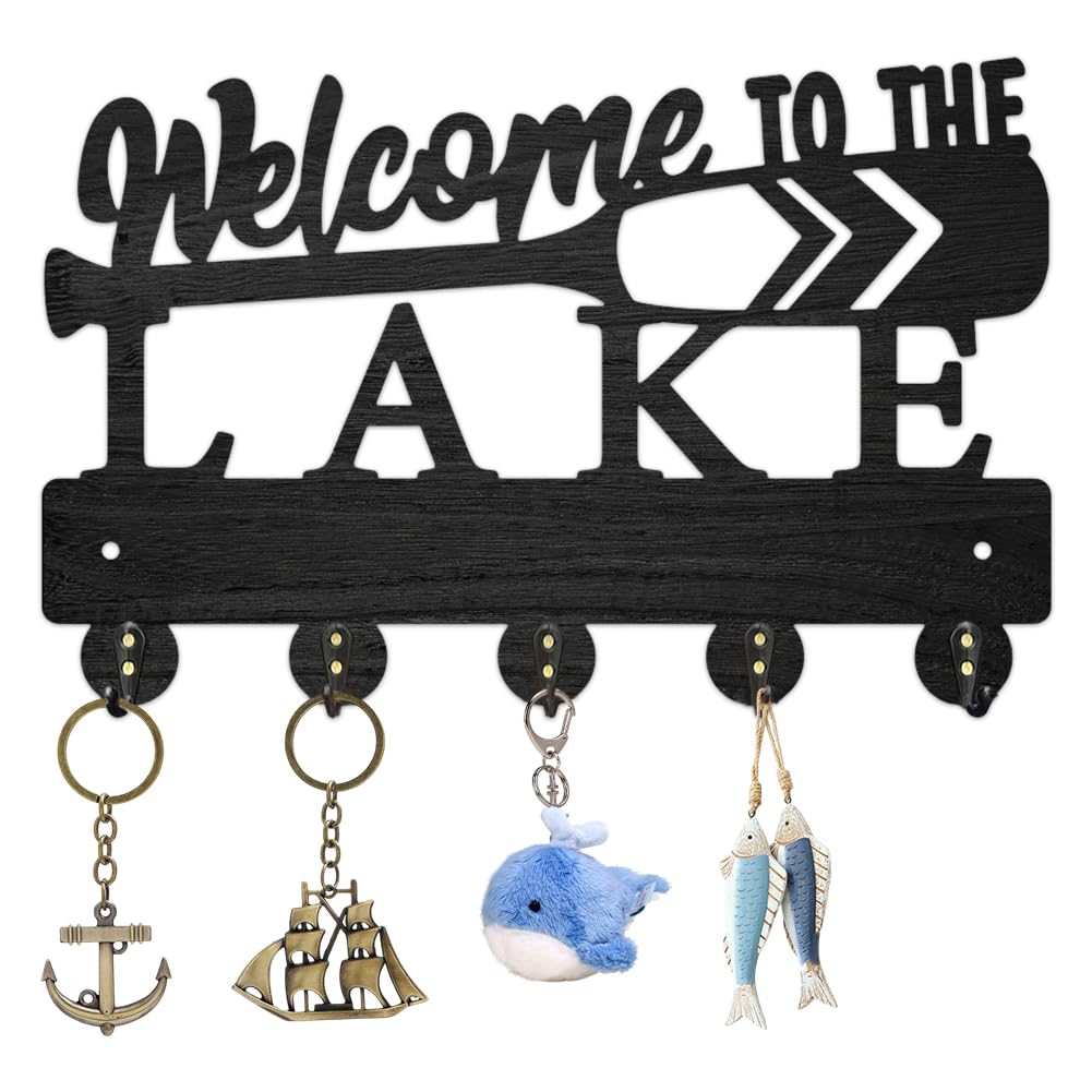 Patère murale en bois Welcome to The Lake avec 5 crochets noirs durables
