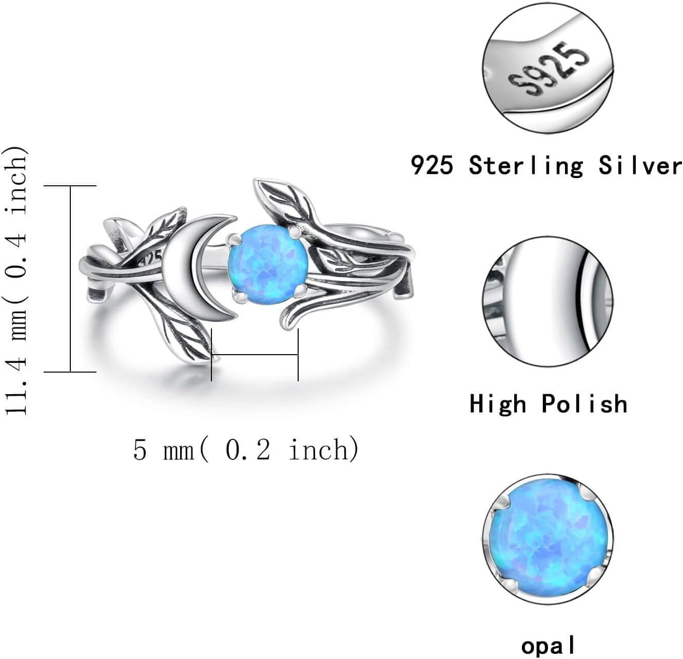 925 Sterling Silver Opal Turquoise Moonstone Moon Ring - Adjustable Vintage Crescent Moon Ring Fire Opal Planet Earth Jewelry for Women