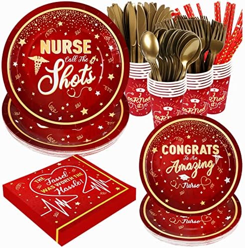 2023 Nurse Graduation Plates and Napkins Set Party Supplies Decorations, 192 Pcs Disposable Congrats Grad Paper Tableware Serves 24, Include Plates, Napkins, Cup, Knives, Forks, Spoons, and Straws