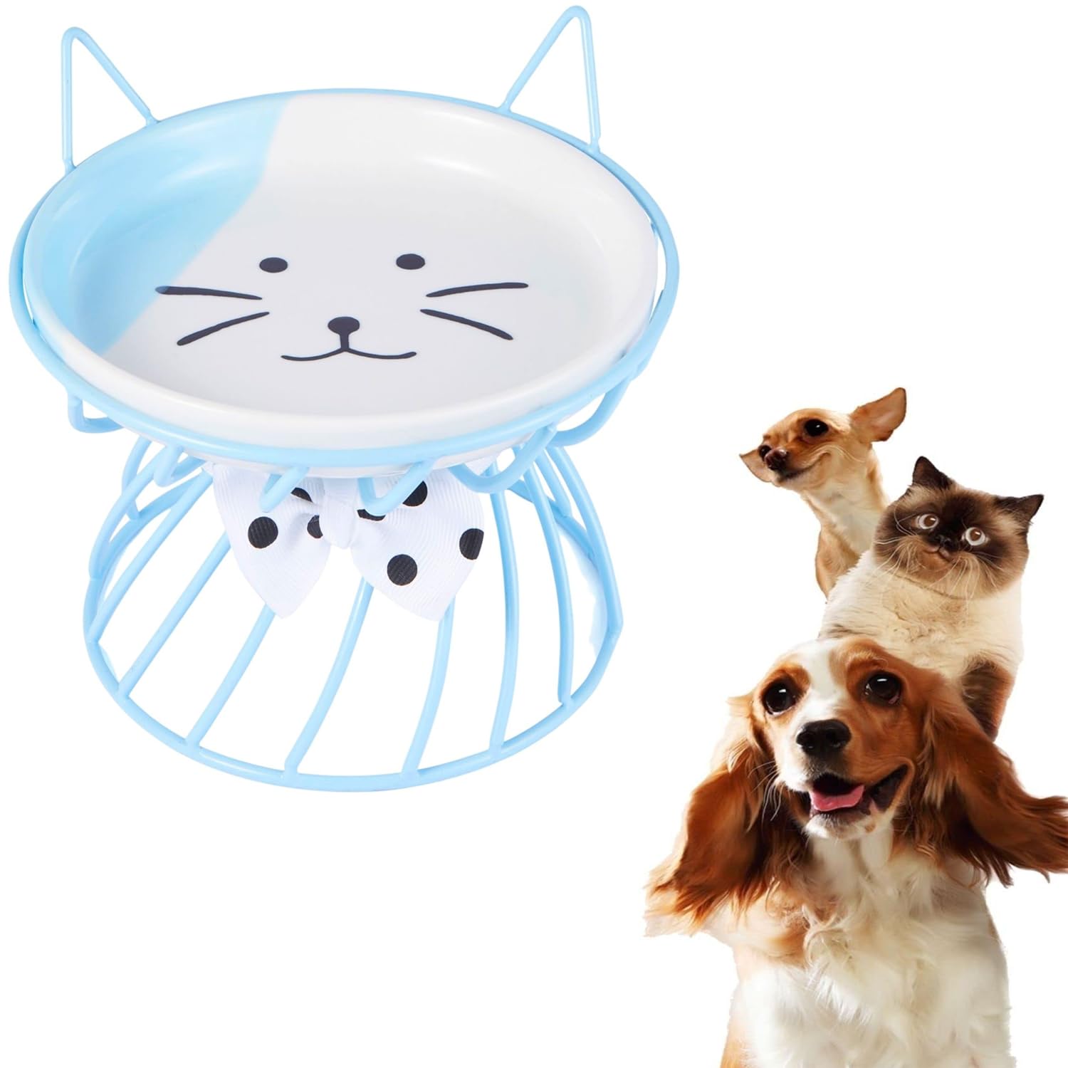 SYOSI Cat Food Dishes, Elevated Cat Food Bowl with Non Slip Metal Stand, Raised Pet Food and Water Bowl, Cat and Small Dog Bowl, Tilted Ceramic Cat Water Bowl, Dishwasher Safe (Blue)