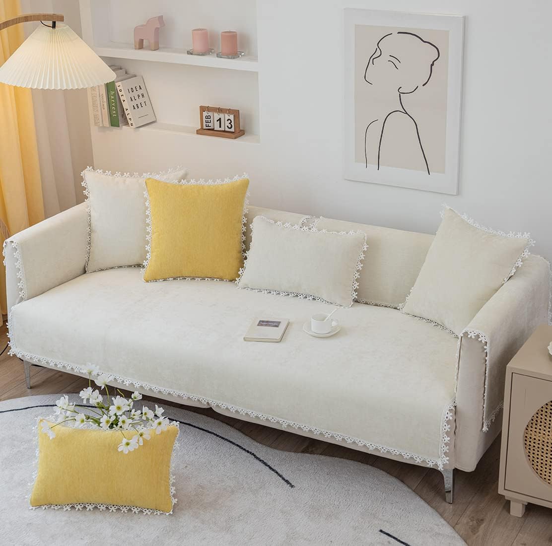 vctops Soft Chenille Couch Sofa Cover Elegant Lace Sectional Couch Covers Nonslip Solid Color Sofa Slipcover for Dogs, Children, Pets Furniture Protector (Cream,36"x47")