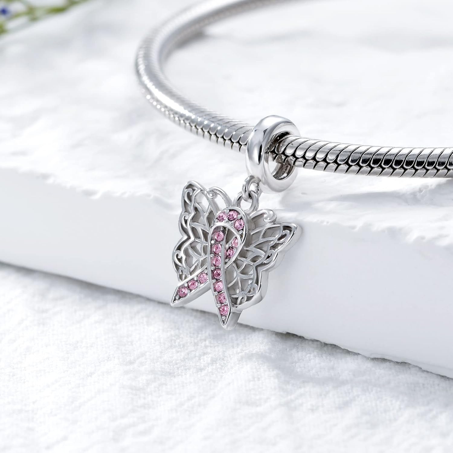 AOBOCO 925 Sterling Silver Butterfly/Dragonfly Breast Cancer Awareness/Breast Cancer Survivor Charm for Women - Image 2