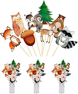 24pcs Woodland Baby Shower Decorations, Baby Shower Cupcake Toppers Floral Woodland Animal Centerpiece Sticks for Forest Friends Girls Baby Shower Wild One Camping Party Supplies