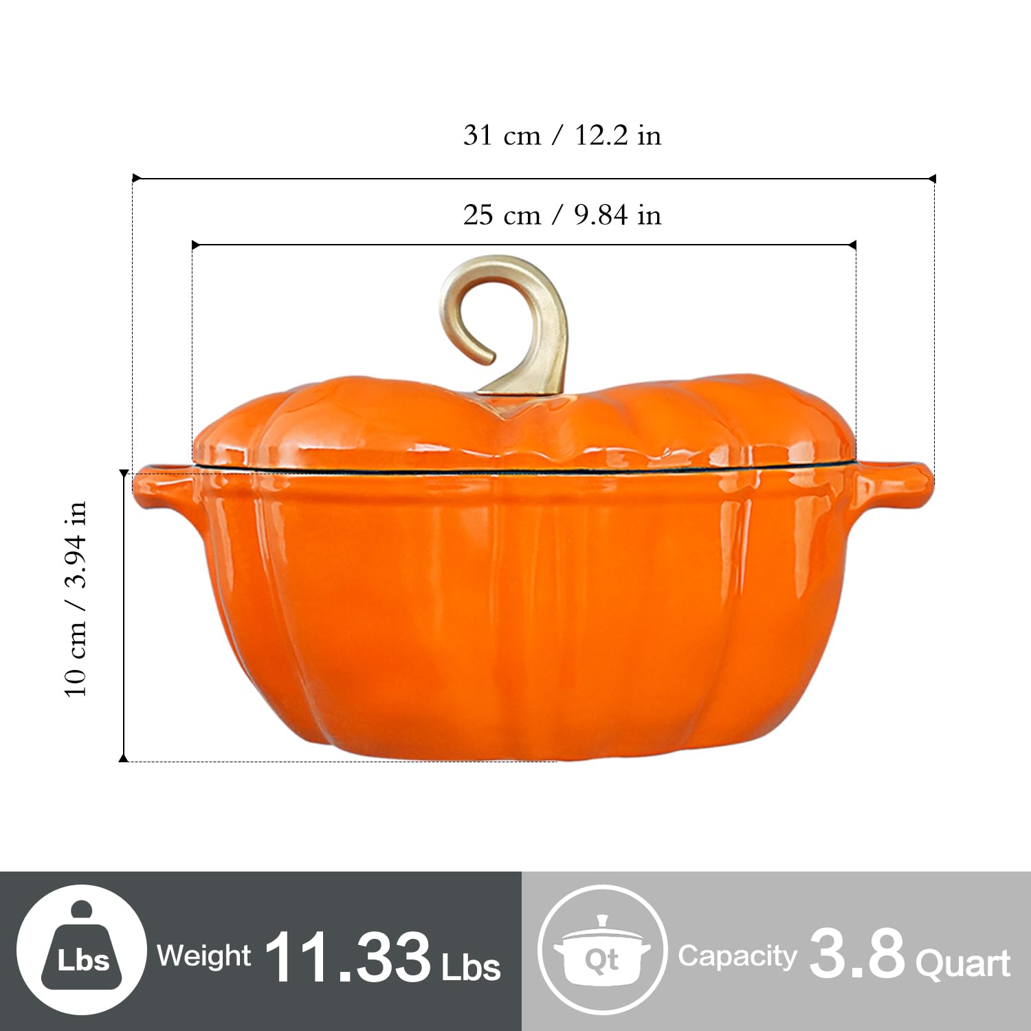 Flavehc Cocotte en Fonte en Potiron avec Couvercle 3,1 L Cocotte en Fonte en Cast Iron pour Pain Potiron en Fonte Émaillée Orange avec Poignées