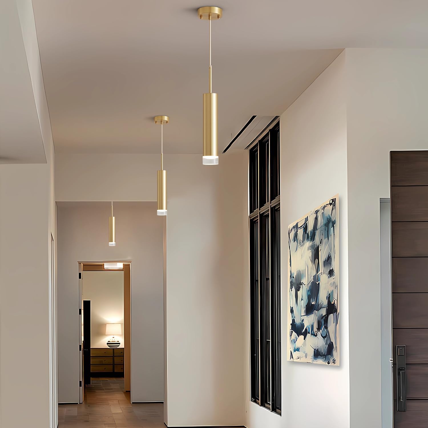 KCO Lámpara Colgante de Tubo Largo con LED Dorado Industrial, Lámpara Colgante de Cilindro en Miniatura de Latón Cepillado de Mediados de Siglo Para Isla de Cocina