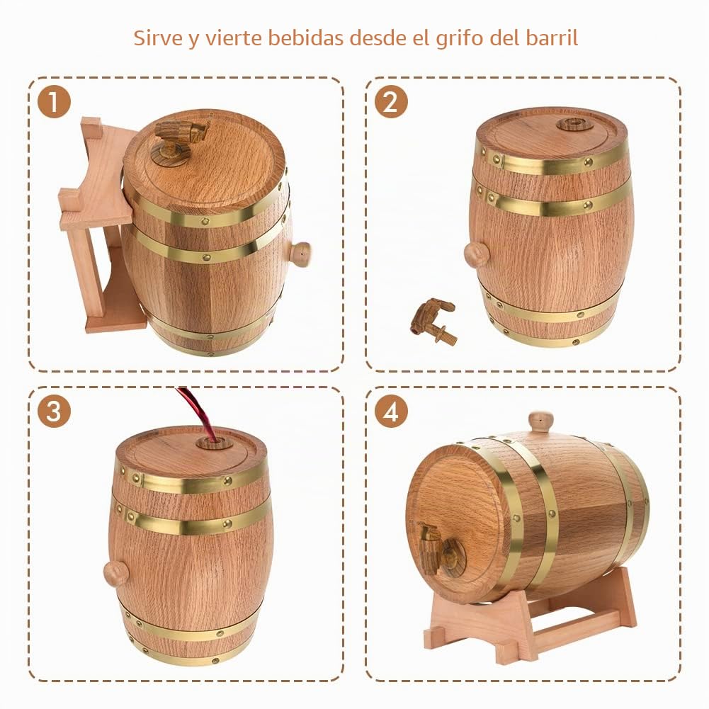 Greensen Barril de Roble 3 litros, Barrica de Madera para Vino, Whisky, Licor o Cócteles, Pequeña para Aficionados del Vino, Bares y Eventos