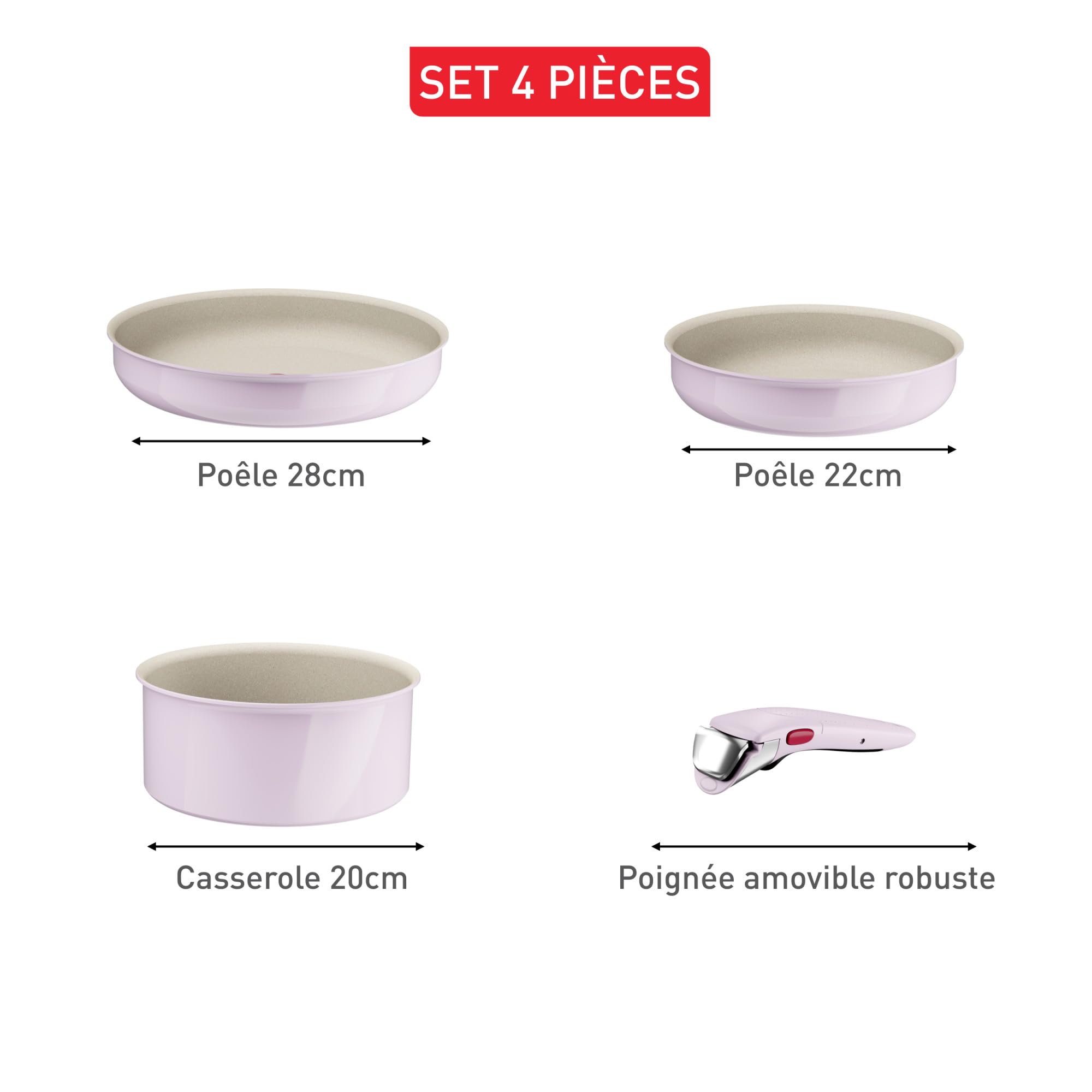 Tefal Ingenio Serenity, Batterie de cuisine 4pièces, Revêtement antiadhésif, Poignée amovible sécurisée, Design empilable, L830S404 Pink