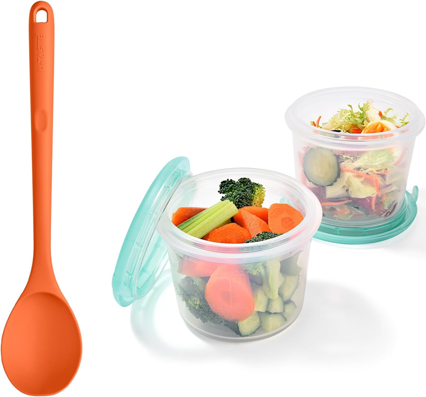 U-Taste 13.3" Solid Cooking Spoon 600ºF Heat Resistant Kitchen Mixing Spoon (Orange) and 2 Cup Silicone Food Container Meal Prep Kitchen Storage with Airtight Lid Set of 2 (Aqua Sky)