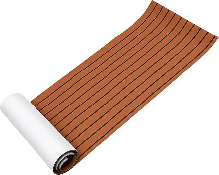 Marine Deck Mat, Boat Flooring Non Slip, EVA Foam Faux Teak Decking Sheet, Self Adhesive Anti Skid Pad for Yacht Kayak Pontoon RV, Brown with Black Seam, 95 x 24 Inch, 6mm Thick