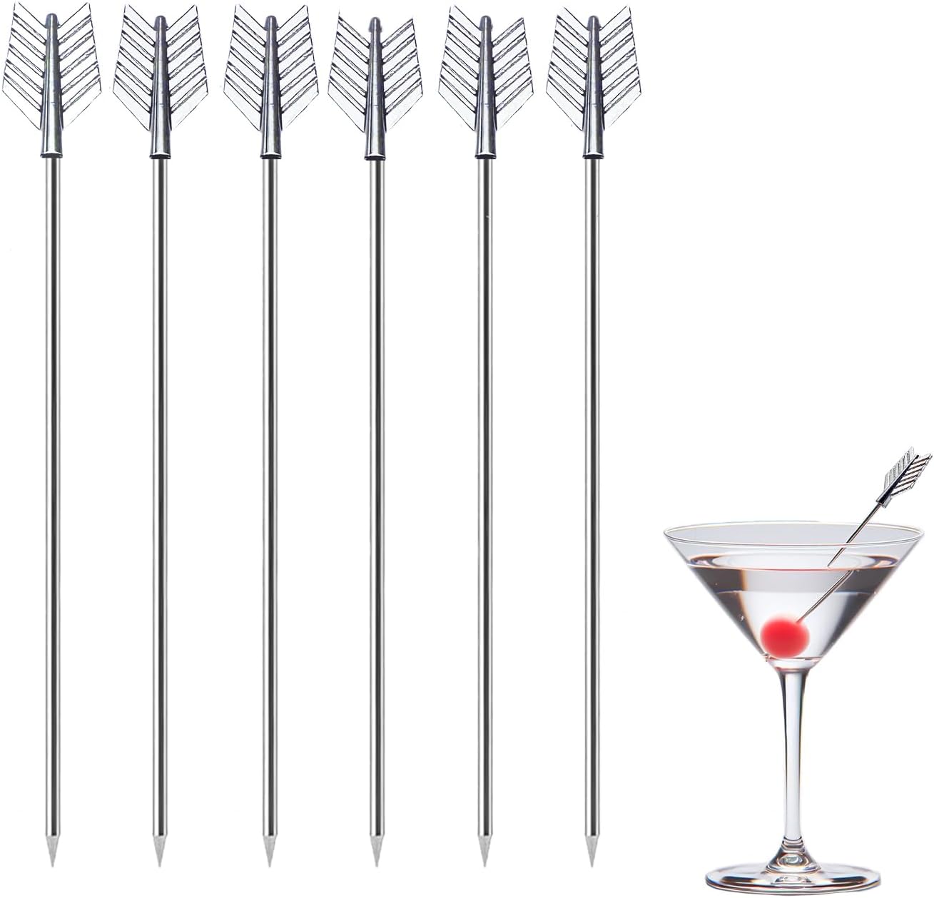 Sipoyen Arrow Cocktail Picks for Drinks 4 Inch Stainless Steel Reusable Metal Martini Picks Cocktail Garnish Skewers 6-Piece