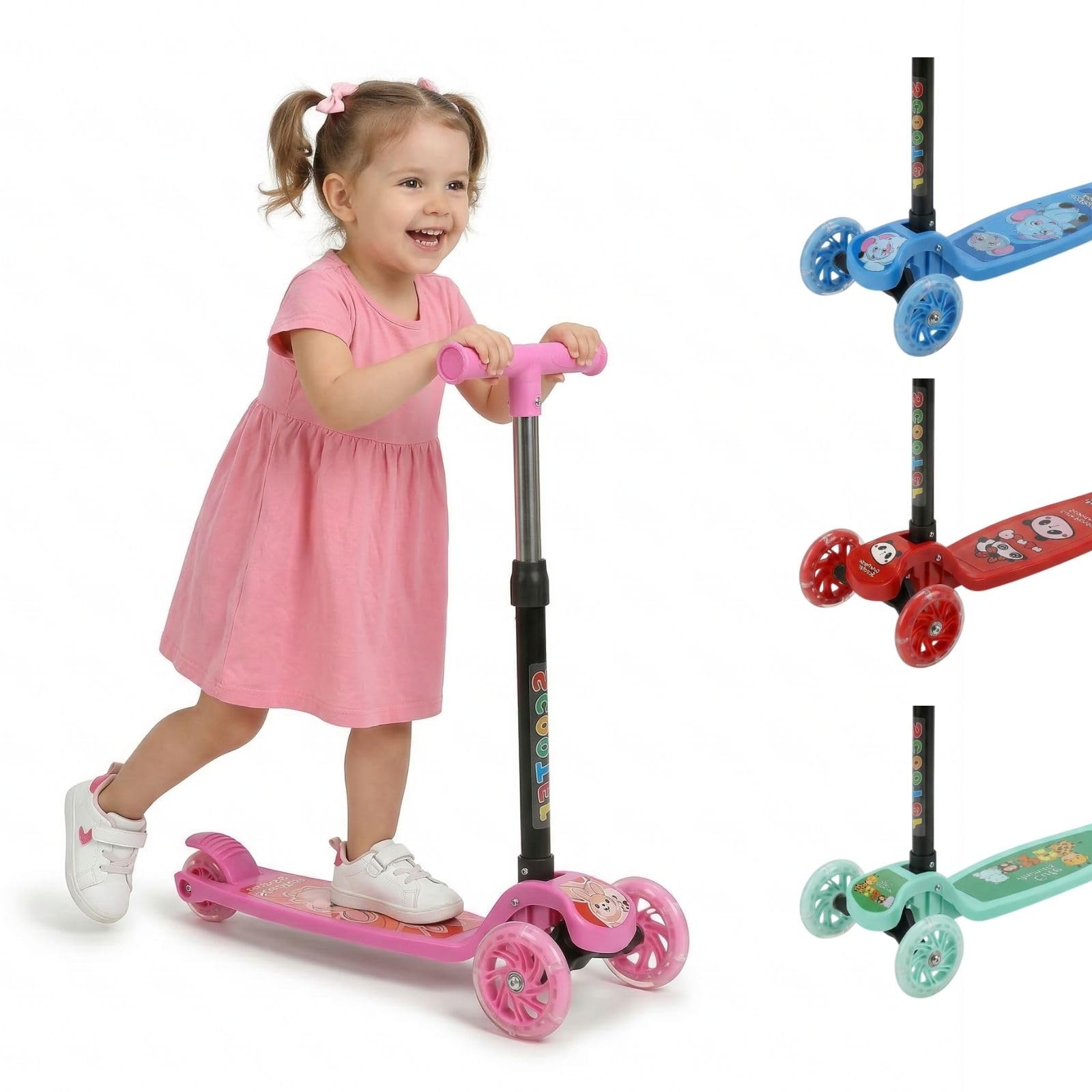 Monopattino per Bambini, 3 Ruote con Luci LED, Manubrio Regolabile in 4 Altezze, Freno a Pedale, Uso Esterno, dai 3 Anni in su