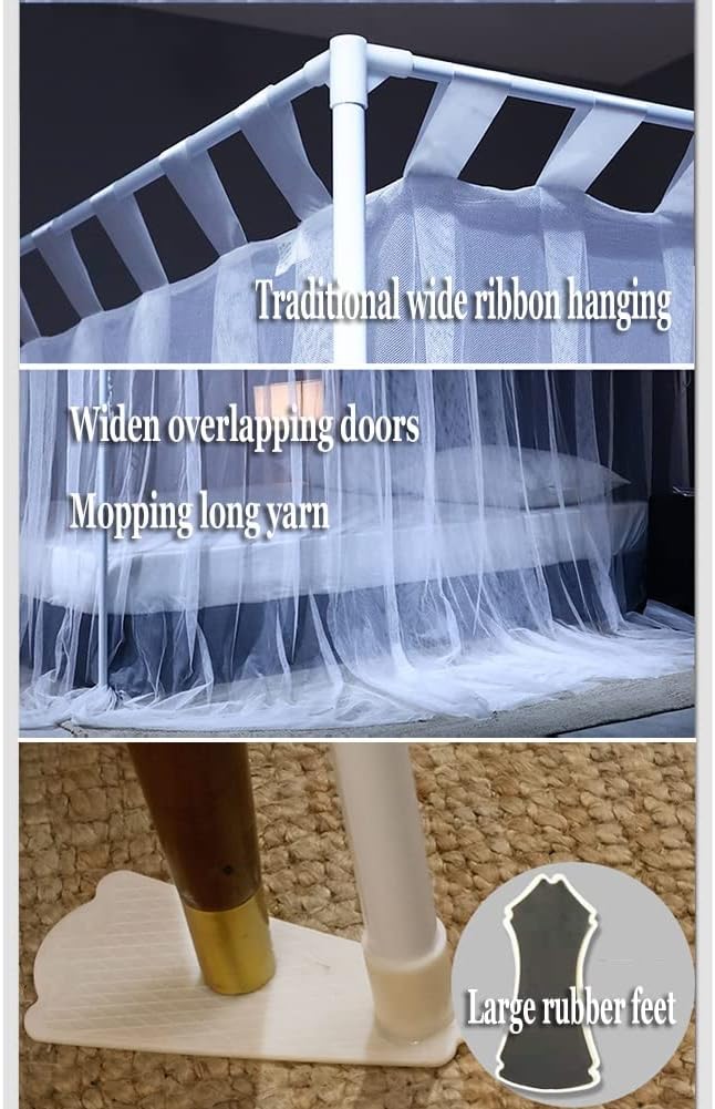 Summer Mosquito Net Canopy for Single & Double Beds, 4-Post Floor Bed Curtain with Metal Stand, White, 180x200cm - Ideal Girls Bedroom Decor