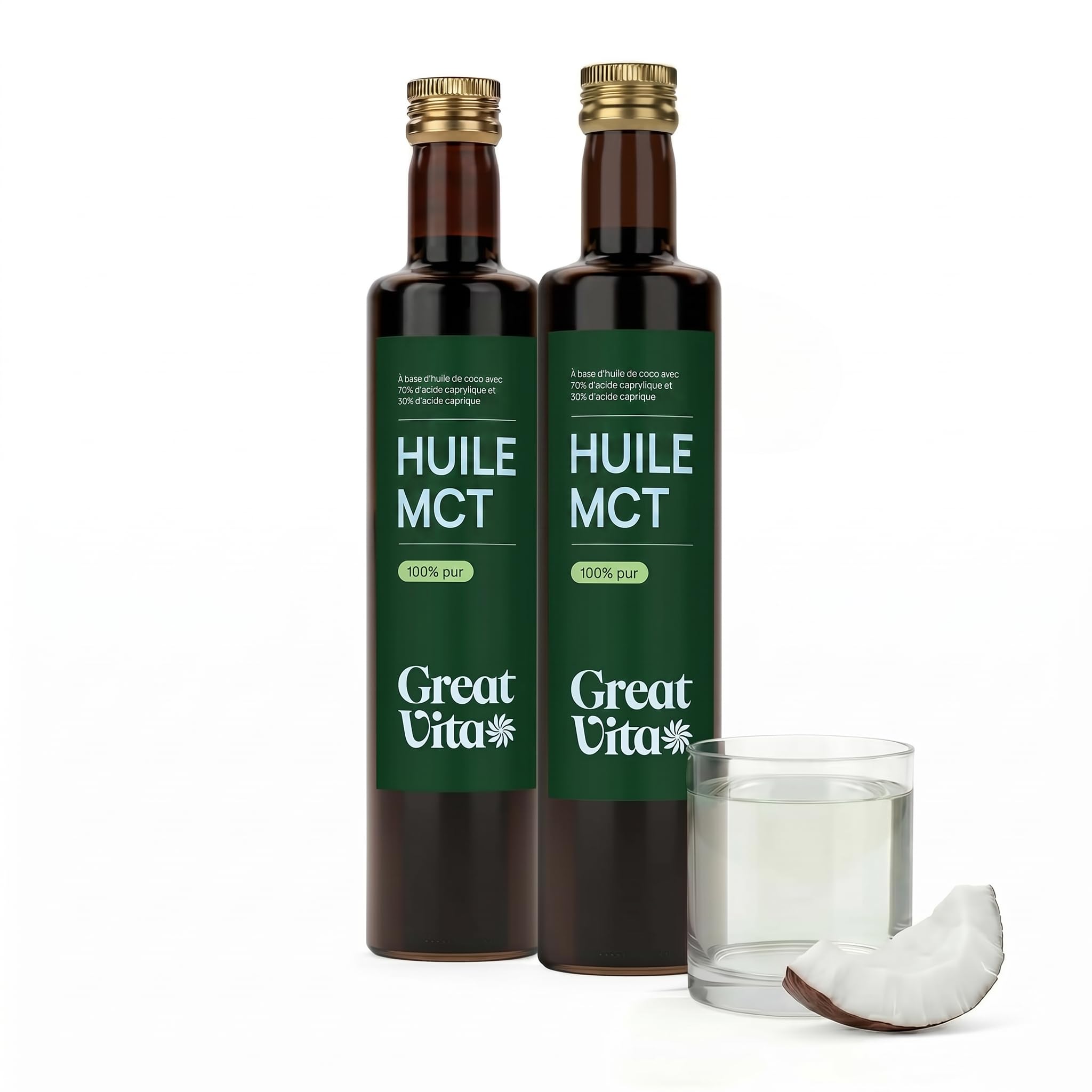 MeaVita Huile MCT C8 + C10, MCT Oil 70% C8 (Acide Caprylique) - Lot 2x 500ml (1 Litre), Issue d'Huile de Noix de Coco, Café Bulletproof Keto Paleo, Vegan, Sans Gluten, Sans Sucre