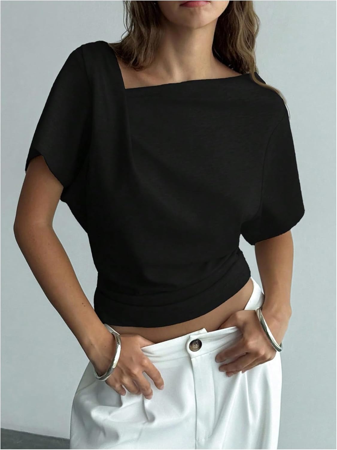 Women's Off Shoulder Crop Tops Y2k Ruched Cinched Waist T Shirts Dolman Sleeve Going Out Summer Top - Image 4