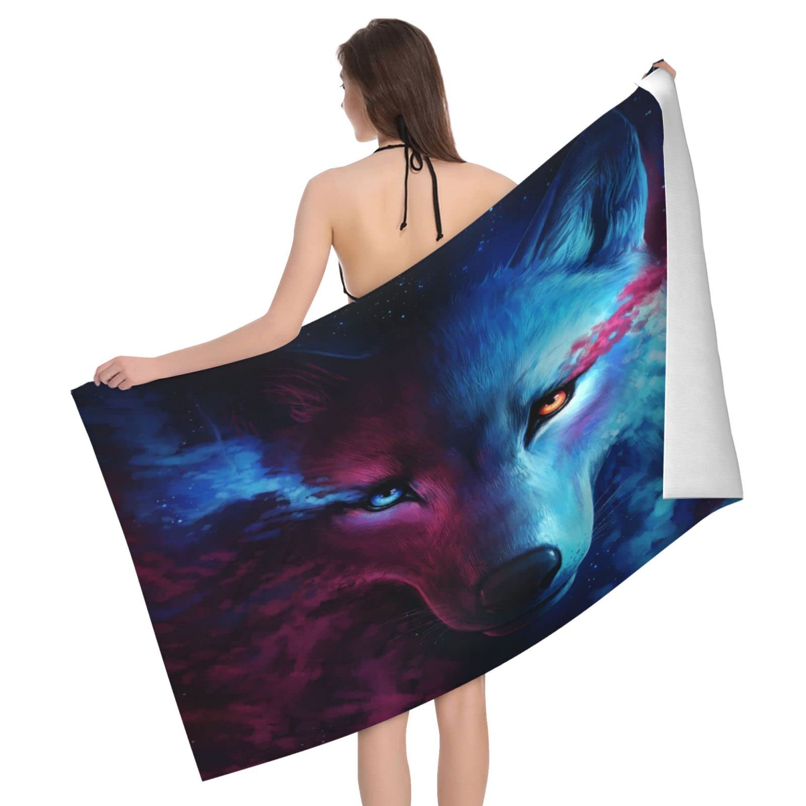 Lawenp Nebula and Wolf Beach Towel, Lightweight Sand Free Quick Dry Microfiber Absorbent Bath Towel for Kids, Adults, Swimming, Bath, Yoga, Pool, Travel, Camping 32"X52"