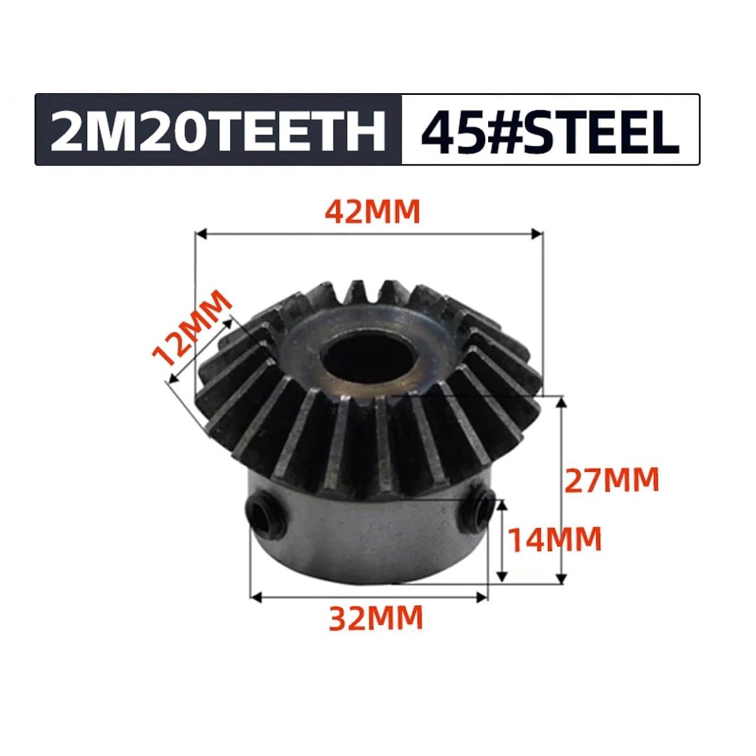 2Pcs Bevel Gear 2M 20Teeth Inner Hole 8/10/12/14/15/16/17mm 90 Degrees Meshing Angle Steel Gears Screw M5(16mm Keyway 5mm)