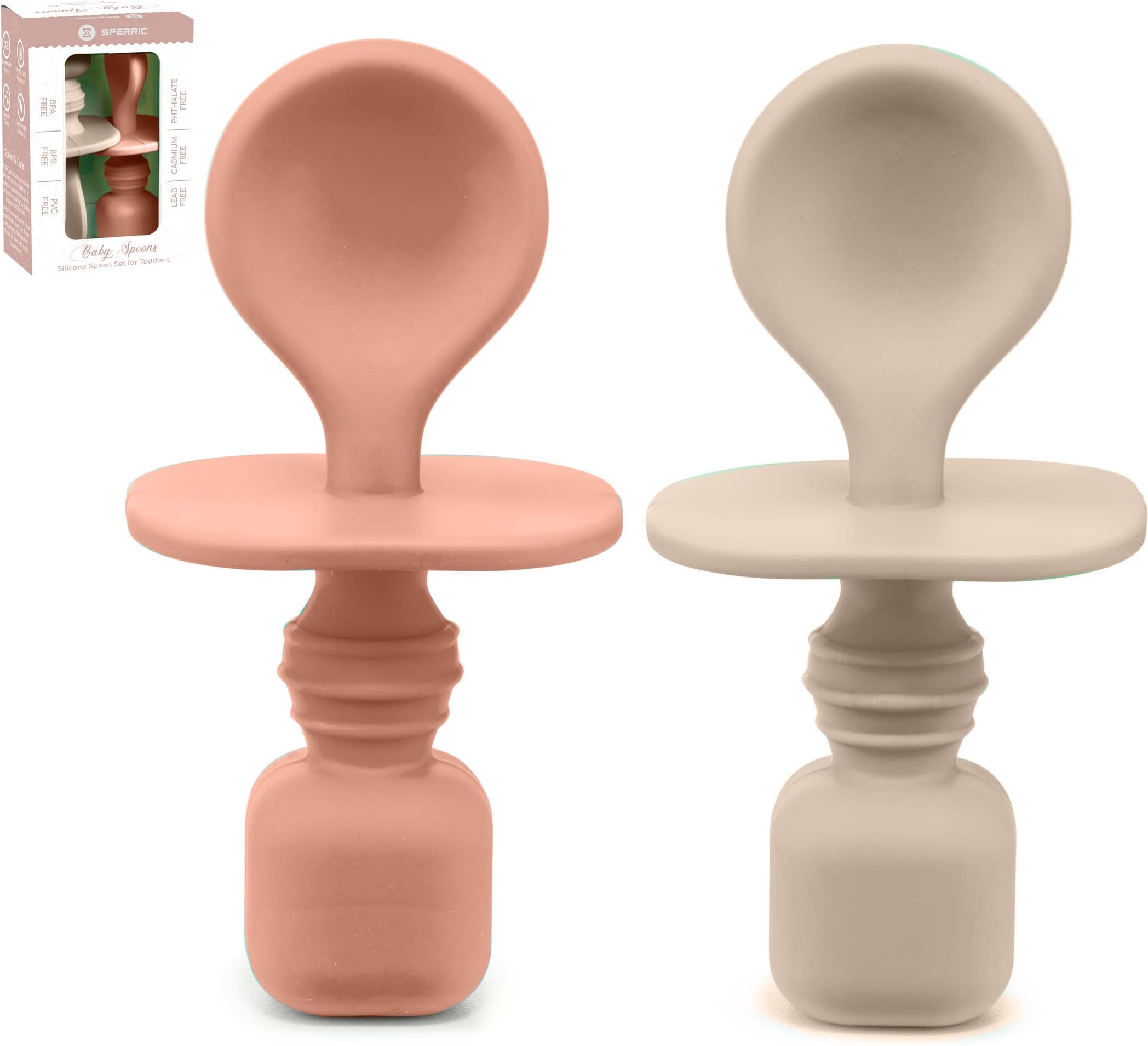 Silicone Baby Spoons for Baby Led Weaning 2-Pack, First Stage Baby Feeding Spoon Set Gum Friendly BPA Lead Phthalate and Plastic Free, Great Gift Set (Sunrise/French Beige)