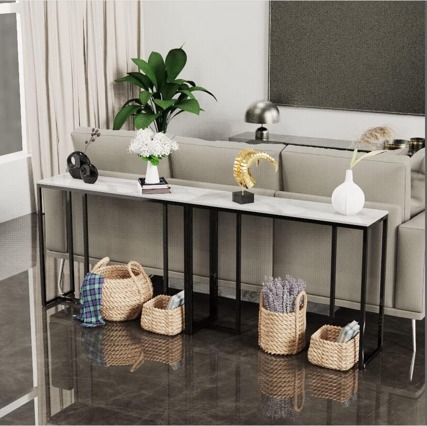 FATIVO Slim Console Table Hallway Unit: White Marble Top Consoles Desk Long 100cm High Gloss Sintered Stone Marbles Effect and Black Legs Narrow Tall Modern Sofa Side Tables Sideboard Living Room