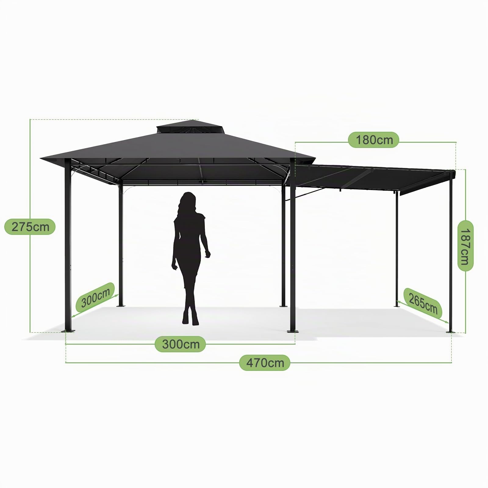 JUMMICO Gazebo da Giardino Esterno 3x3, con Estensione Convertibile in Parete e Tende Laterali Incluse, Tetto a Doppio Strato, Struttura Metallica Resistente alle Intemperie, Ideale per Spazi Esterni