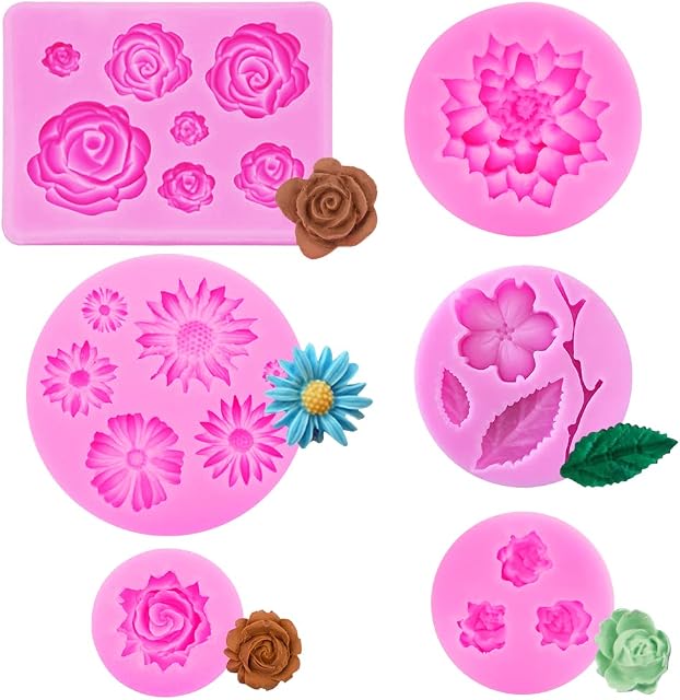 SNAGAROG 6 Pcs Flower Silicone Moulds Fondant Flower Mould Silicone Rose Mold 3D Daisy Flower Fondant Mould Leaves Modeling Mould Icing Flower Cake Mold for Decorating Chocolate Jelly Sugar Craft Soap
