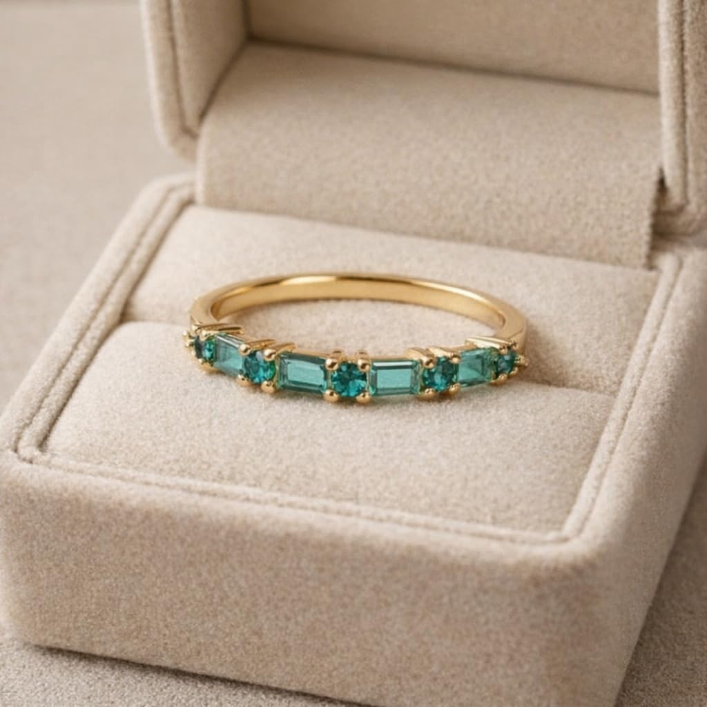 Green Emerald Wedding Band for Women 14K Yellow Gold Baguette & Round Cut Half Eternity Stackable Ring Elegant Anniversar Promise & Bridal Jewelry Gift for Her