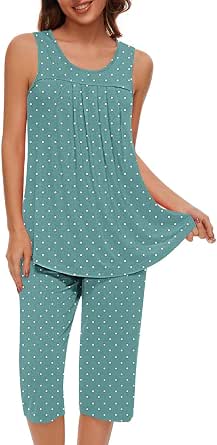 NACHILA Women's Pajama Set - Soft Viscose Bamboo Tank Top & Capri Pants, Ruffle Hem Sleepwear, Sleeveless Pjs - View #6