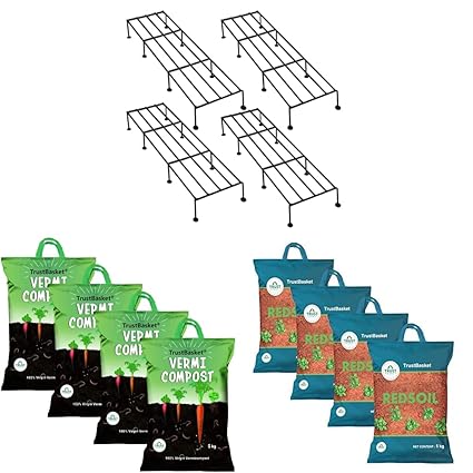 TrustBasket Indigo Planter Stand for Plants - Set of 4&Trust Basket Organic Vermicompost Fertilizer Manure for Plants -20 kg&TrustBasket Garden Red Soil - 20 Kilograms