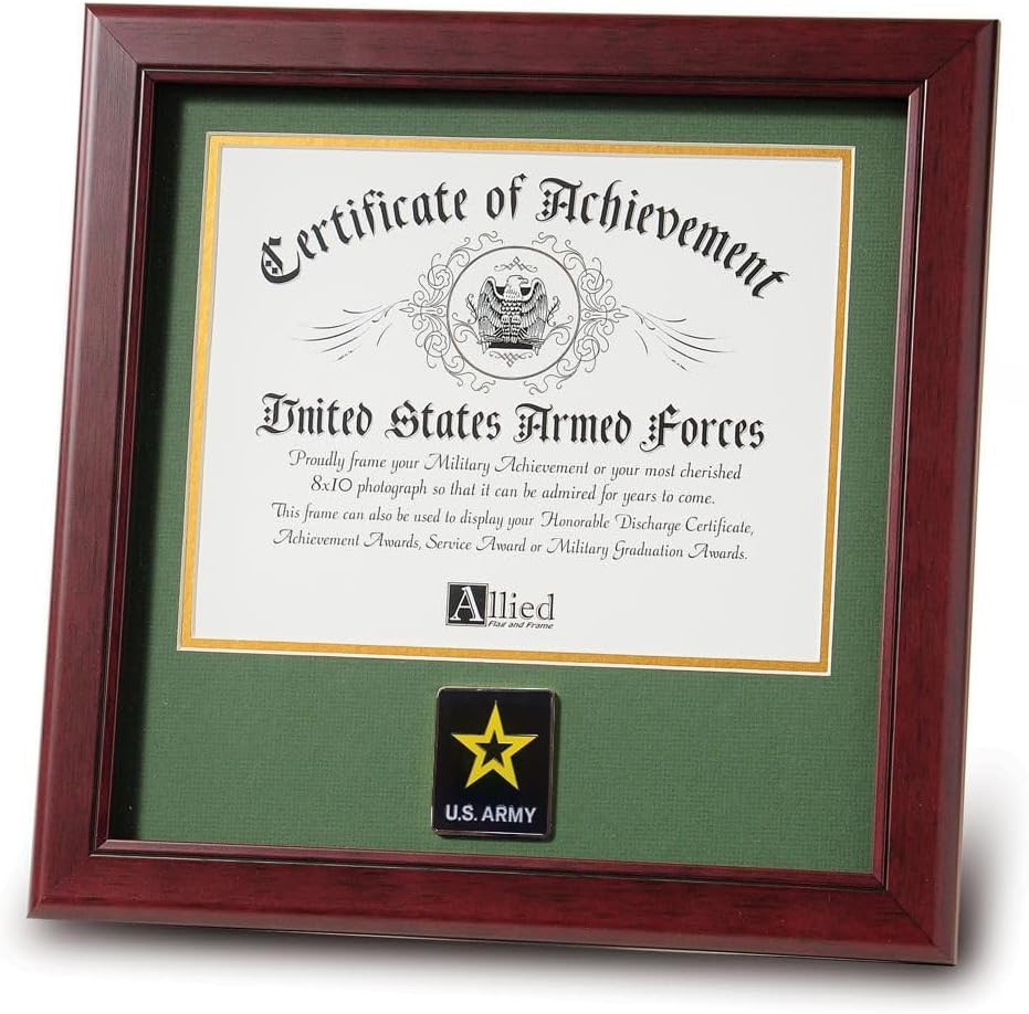 Allied Flag US Army Certificate Frame with Army Logo Medallion - 12" x 12" Mahogany Stained Hardwood Frame with 8" x 10" Landscape Certificate Opening and Die Cast, Gold Plated Medallion