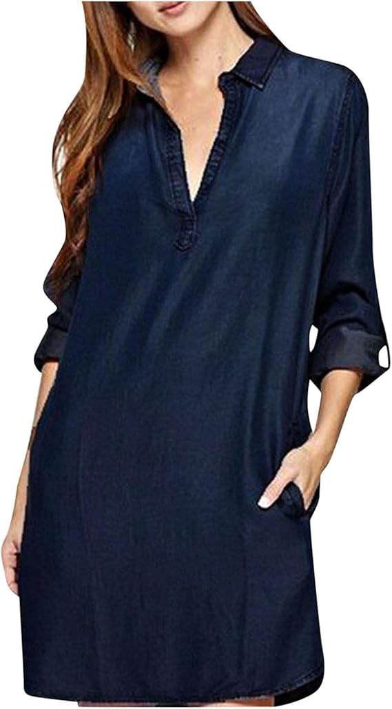 Amazon Co Jp Tengatel デニム 長袖 ワンピース レディース チュニック ゆったり 薄手 柔らか 体型カバー Vネック 前開き ワンピ ボタン 春夏秋 ロングワンピース 大きいサイズ おしゃれ カジュアル 半袖 ストレート シンプル 通勤 オフィス Ol ホーム キッチン