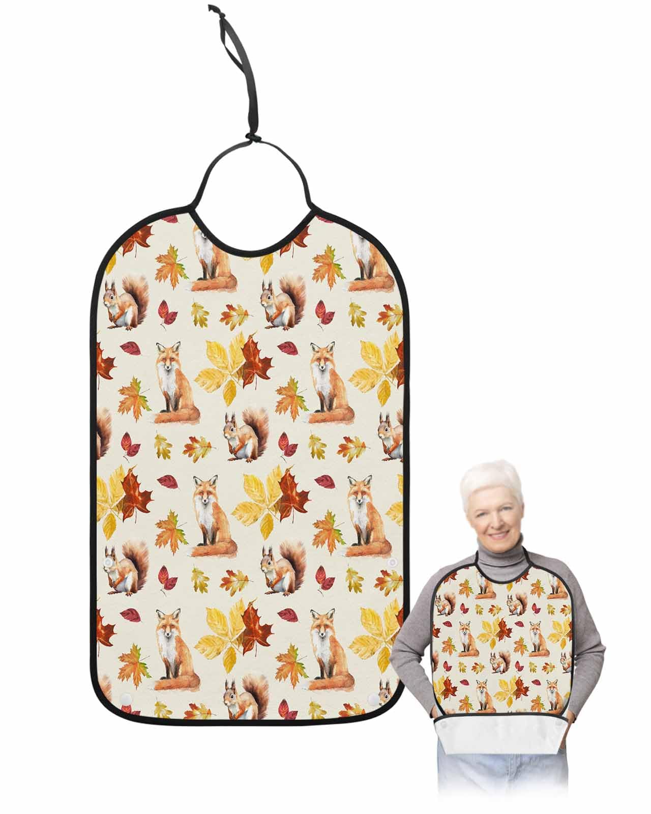 LEOKOTI Squirrel Fox Fall Adult Bibs for Eating, Waterproof Bibs with Food Catcher & Snap Closure, Thanksgiving Maple Leaf Autumn Botanical Washable Clothing Protectors Adult Bibs for Elderly