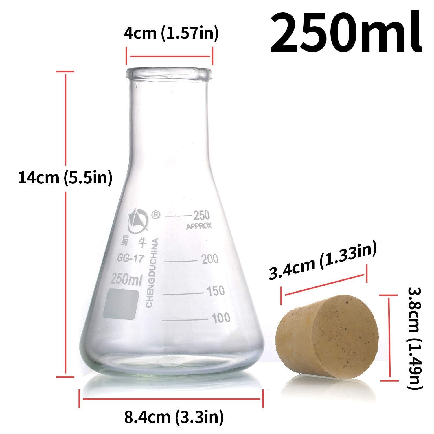 Juego de Matraces Erlenmeyer - 3 Matraces de Vidrio de Borosilicato (250ml, 150ml, 50ml) con Tapones de Goma para Experimentos de Laboratorio