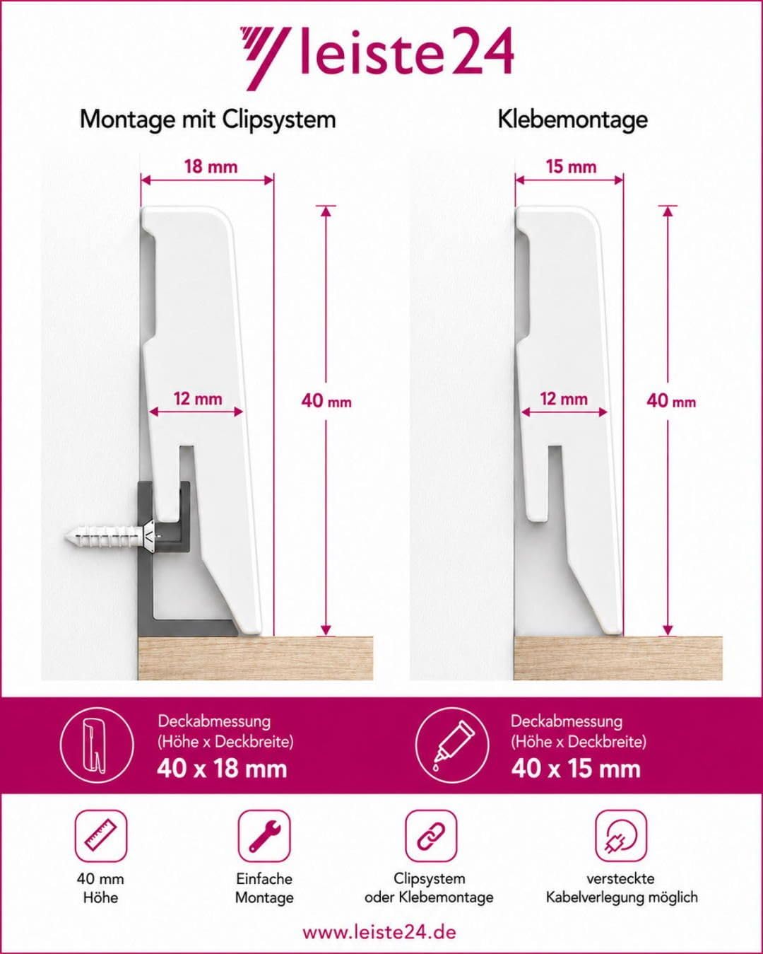 Leiste24 26 m - Plinthe 40 x 15 mm - Blanc