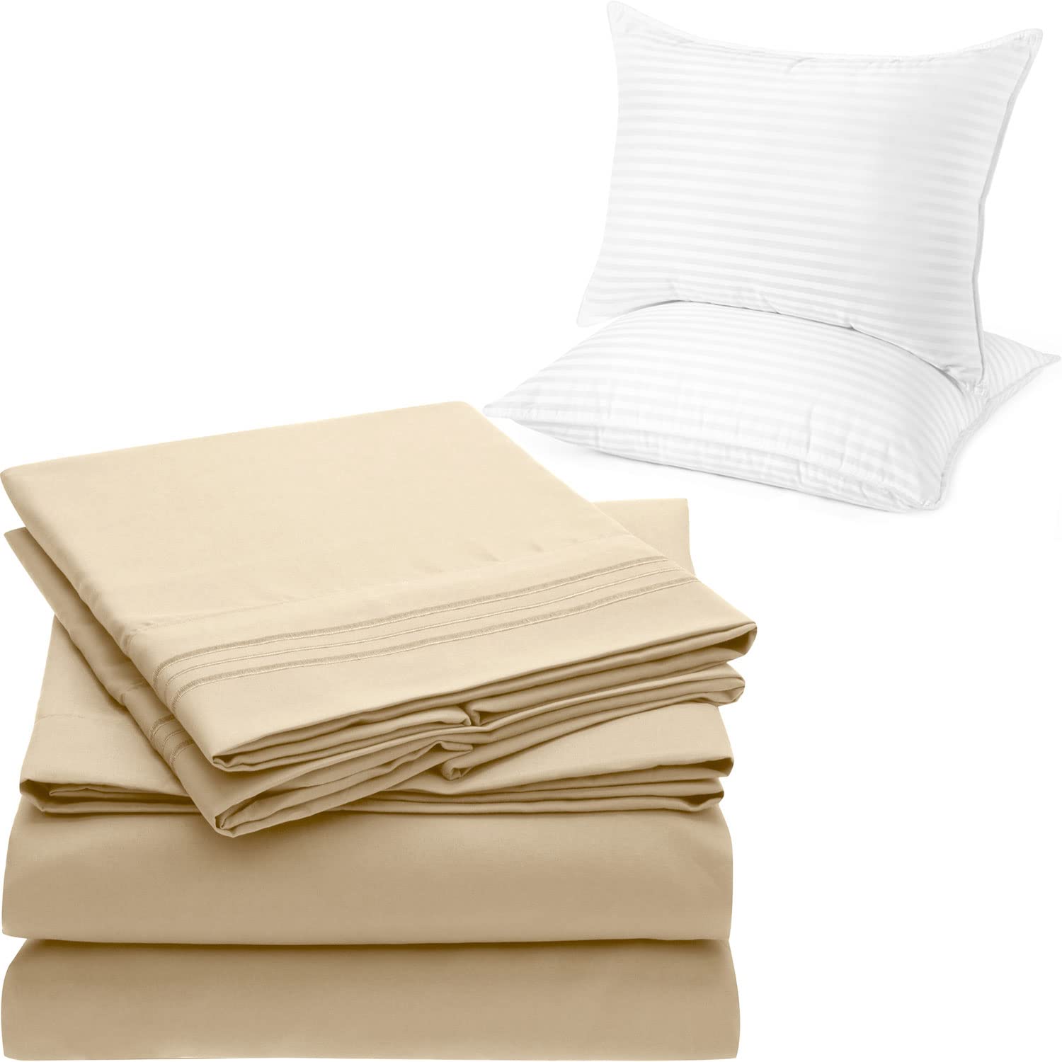 Mellanni Bed Sheet Set + 2 Pillows Bundle&Save - Hotel Luxury Bedding - Bundle Includes: 4pcs Queen Bed Sheet Set and Set of 2 Pillows Queen Size 20" x 28" (Queen, Beige/White)