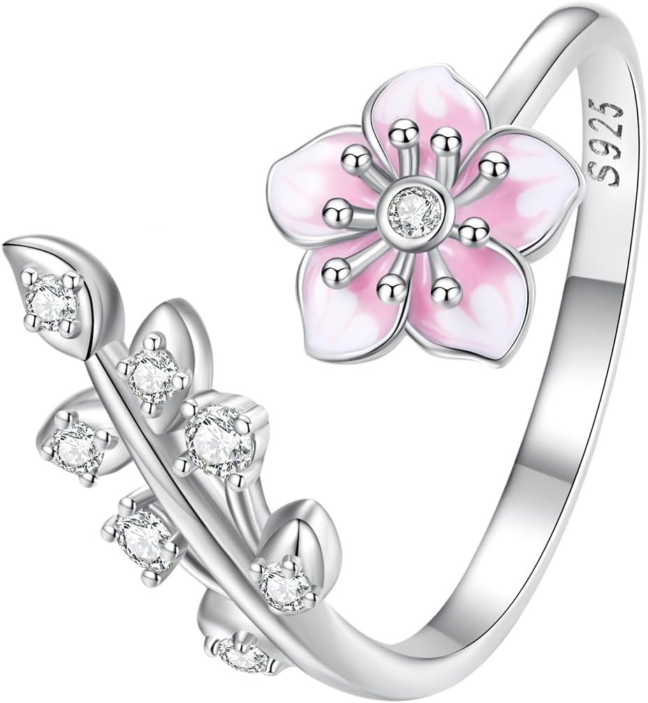 VOROCO 925 Sterling Silver Adjustable Open Ring Trendy Elegant Unique Open Ring Flower Cross Ring for Women Jewelry Gift