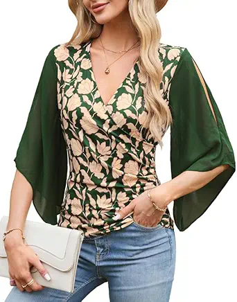 GRACE KARIN Women 3/4 Chiffon Sleeve Dressy Blouse Wrap Elastic Shirt Business Casual Party Flattering Tops 2023 Fashion
