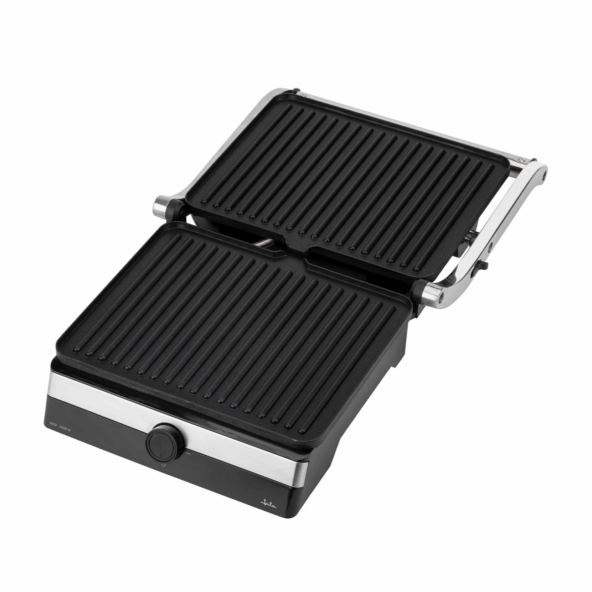 JATA JEGR1596 - Parrilla Electrica y Grill con placas rayadas antiadherentes de 29 x 23,6 cm. 2000 W. Cocina todo tipo de alimentos. Apertura 180º. Tapa superior basculante. Bandeja recogesalsas