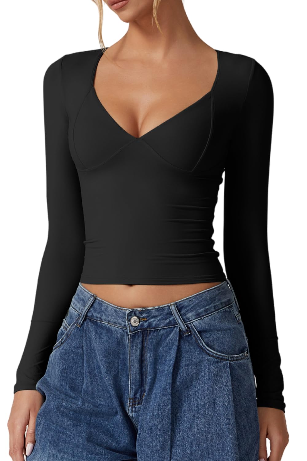 Women's Long Sleeve V Neck T Shirts Double Lined Crop Top Seamed Cup Going Out Tops