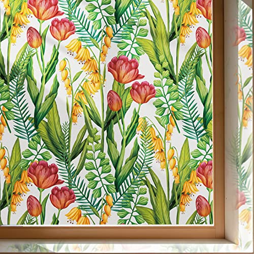 Jiffdiff Window Privacy Film Stained Static Cling Glass Window Film Tropical Plant Pattern Decorative Colorful Glass Window Sticker Non-Adhesive Frosted Coverings Film Stained Cling Glass Film #TOP20
