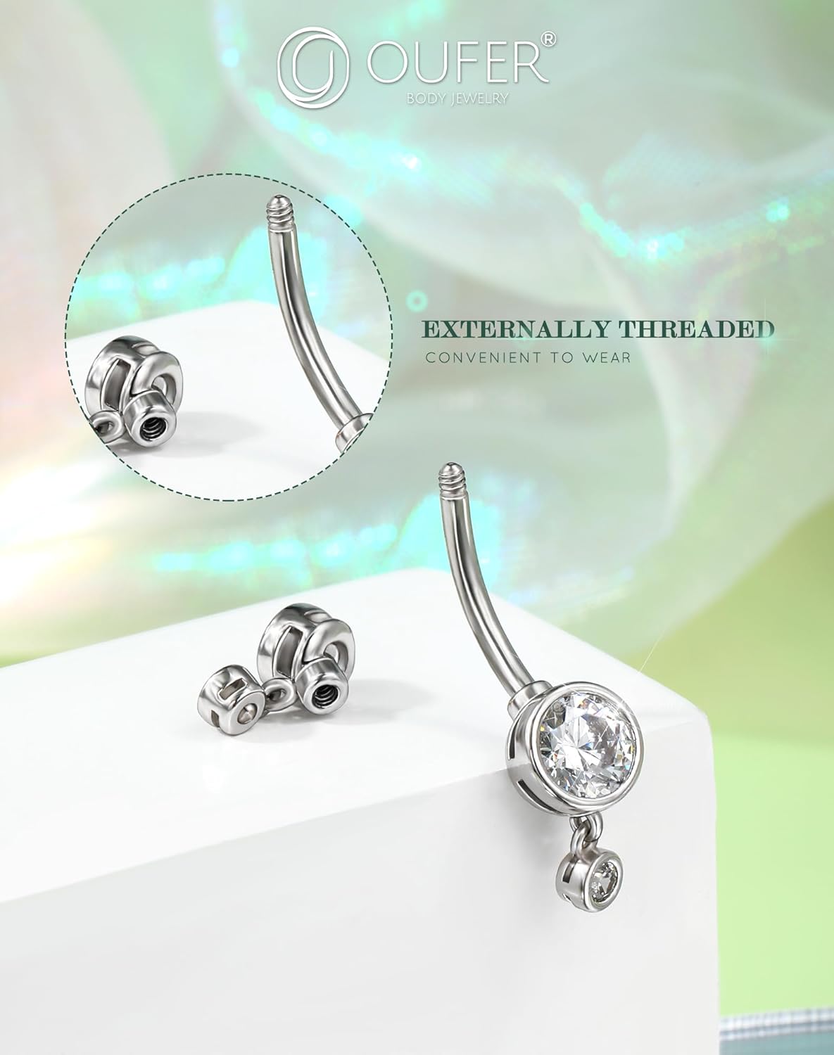 OUFER 14G Belly Rings, Clear CZ Pendants Belly Button Rings, Pave Clear Crystal Stone Belly Piercing Jewelry, 316L Surgical Steel Navel Piercing Jewelry For Women Men - Image 5