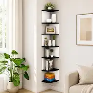 No-Drill Corner Shelf Wall Mount, 7-Tier Floating Corner Bookshelf with Hooks, Space-Saving Zigzag Plant Shelf for Bedroom, Living Room, Bathroom, Home Office(White & Black)