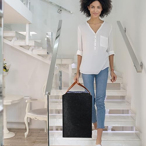 Vista 4 de Cesta de escalera con mango de cuero con deflector plegable para escaleras de madera de 16 pulgadas, organizador plegable para almacenamiento