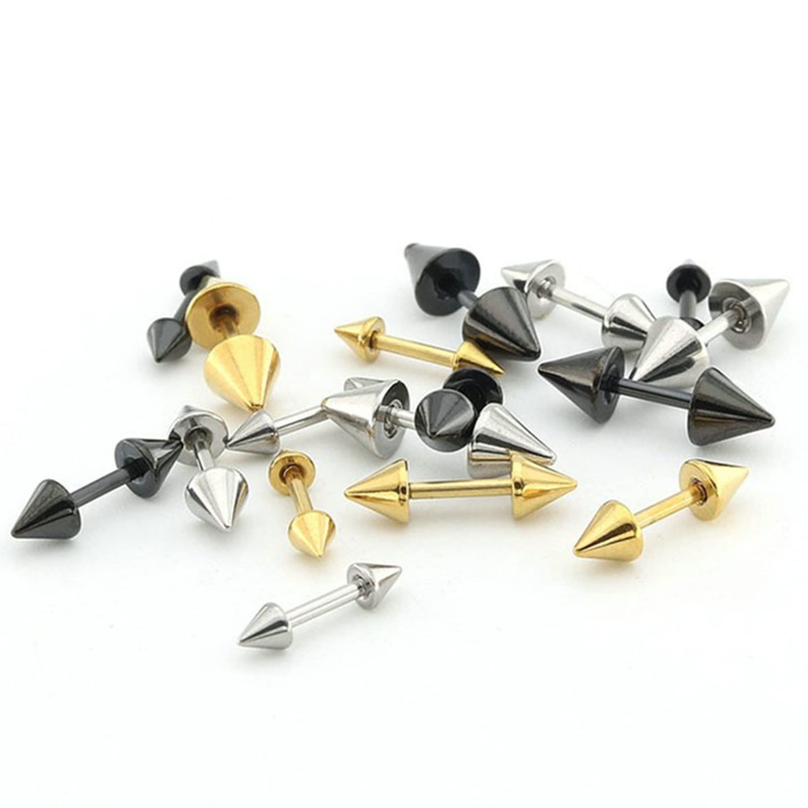 LLXYWJ Edelstahl-Ohrringe für Damen und Herren, Ohrstecker aus Silber und Schwarzgold, 3 Paar (6 ück), geometrischer Kegel, 3–5 mm