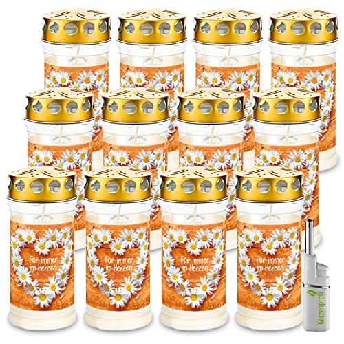 DecoLite: 12 Aeterna Gabkerzen Memoriam mit Motiv & Deckel - Brenndauer 4 Tage & Kerzenprofi Stabfeuerzeug - Motiv (Mageriten) Cover