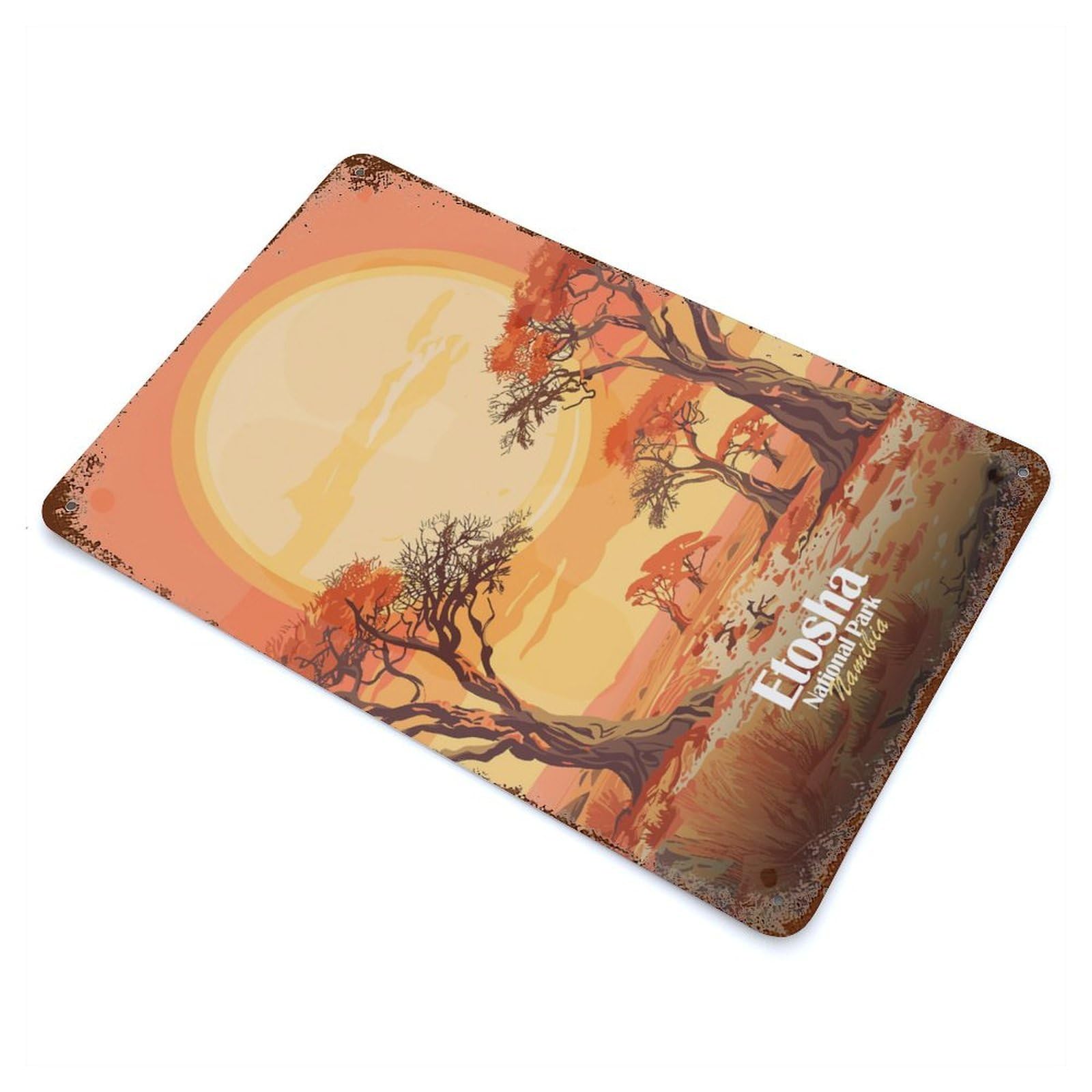 Garage Style Etosha National Park, Namibia Illustration Rust Effect Tin Sign 11.8"x7.9", Farmhouse Wall Decor for Bar And Workshop