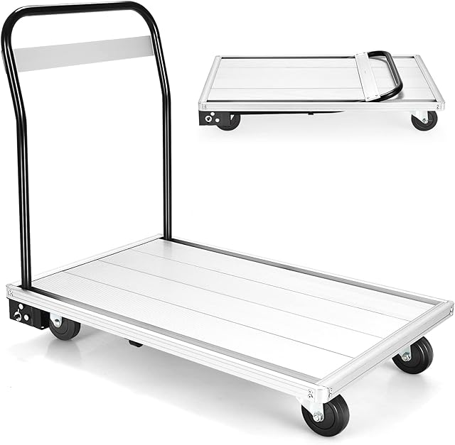 TANGZON Folding Platform Cart, Heavy Duty Silent Flatbed Cart Trolley with 4 TPR Wheels & Large U-Shaped Handle, Indoor Outdoor Practical Platform Truck for Home, Office and Warehouse