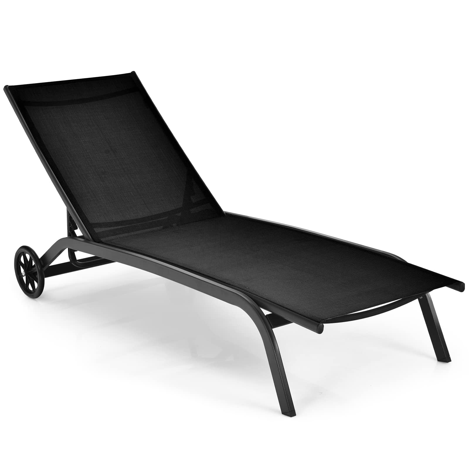 Generisch Relaxliege mit Rollen, Gartenliege mit Verstellbarer Rückenlehne und schnell trocknendem Stoff, Sonnenliege bis 150kg belastbar, Liegestuhl für Garten, Balkon, Terrasse (Schwarz)